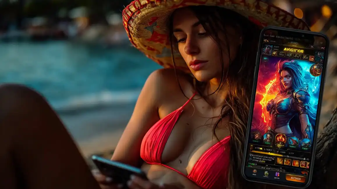 Woman in red bikini playing Aviator mobile casino game at tropical beach location