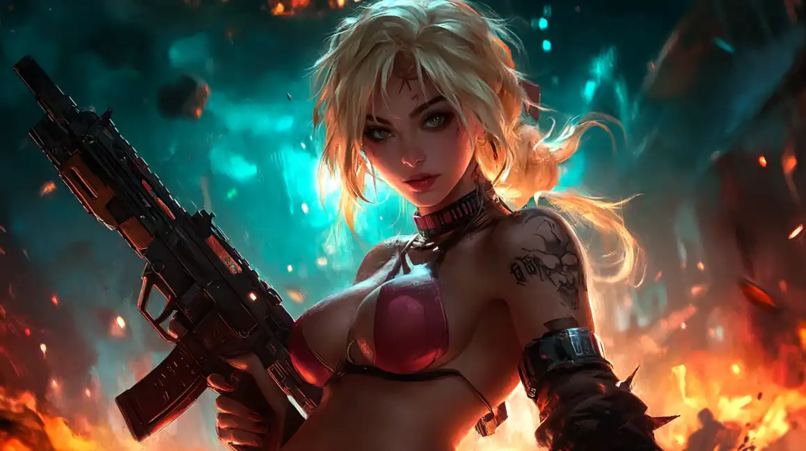 Blonde woman with futuristic weapon in cyberpunk casino environment
