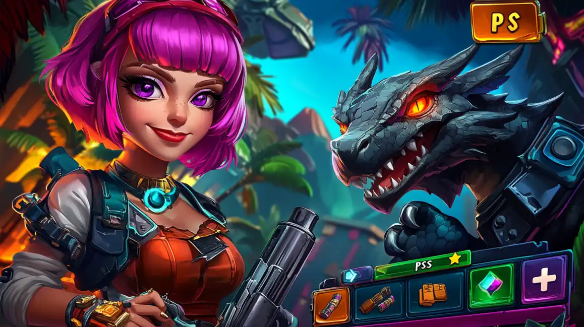 Pink-haired game character with dragon companion in adventure setting