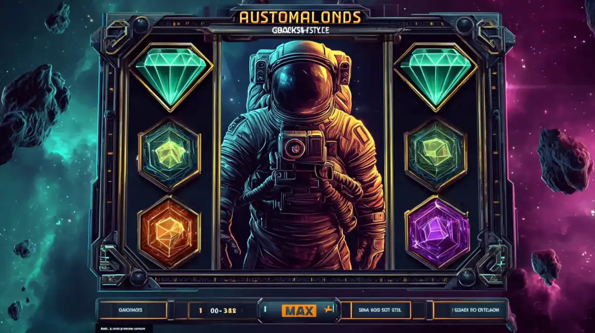 Austomalonds space-themed slot game interface with astronaut and gems