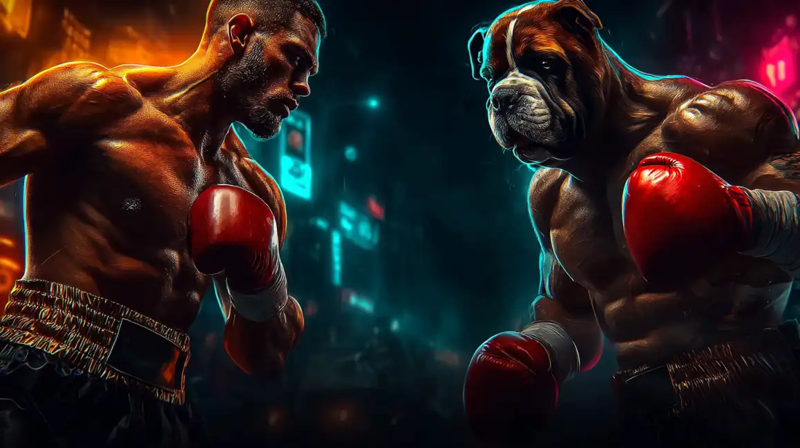 Boxing match between human and dog in neon casino environment for sports betting