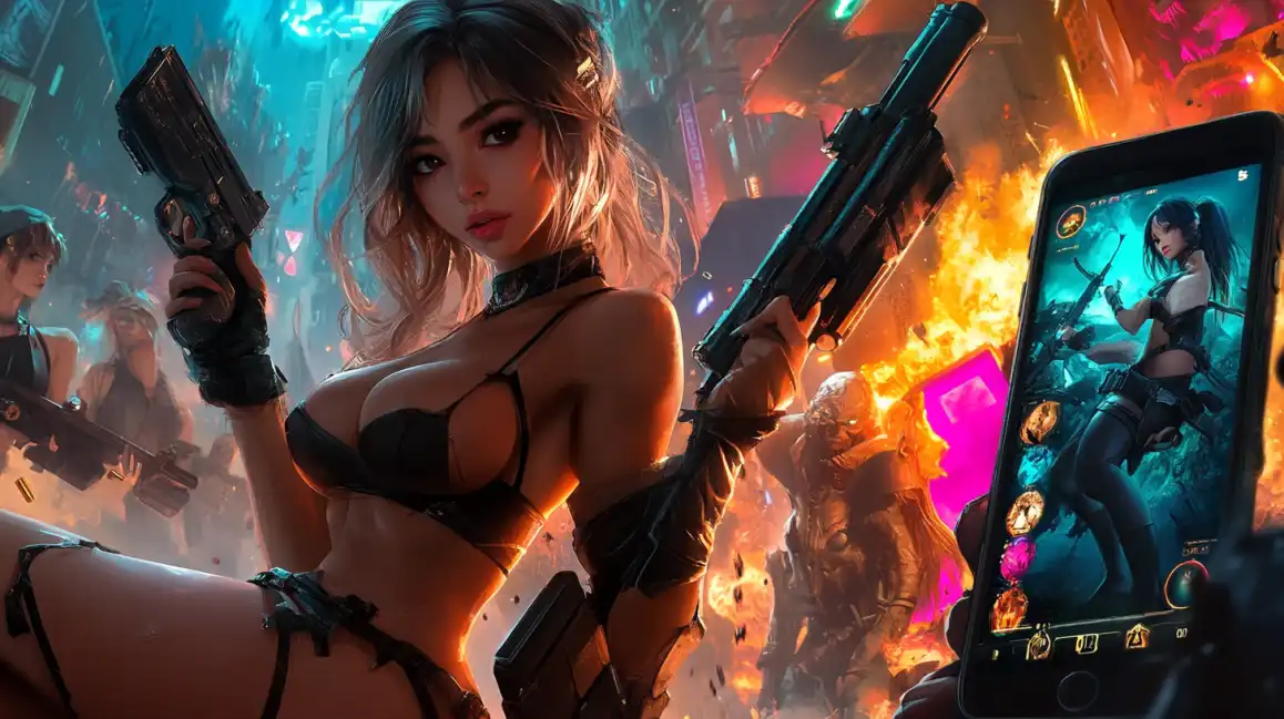 Futuristic casino scene with armed woman in cyberpunk setting