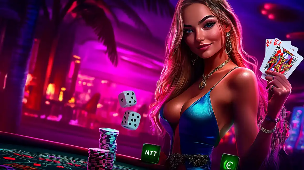Glamorous woman holding playing cards with dice and chips in neon casino