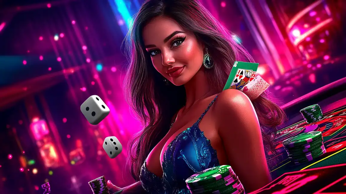 Beautiful woman with casino chips and playing cards in purple neon lighting