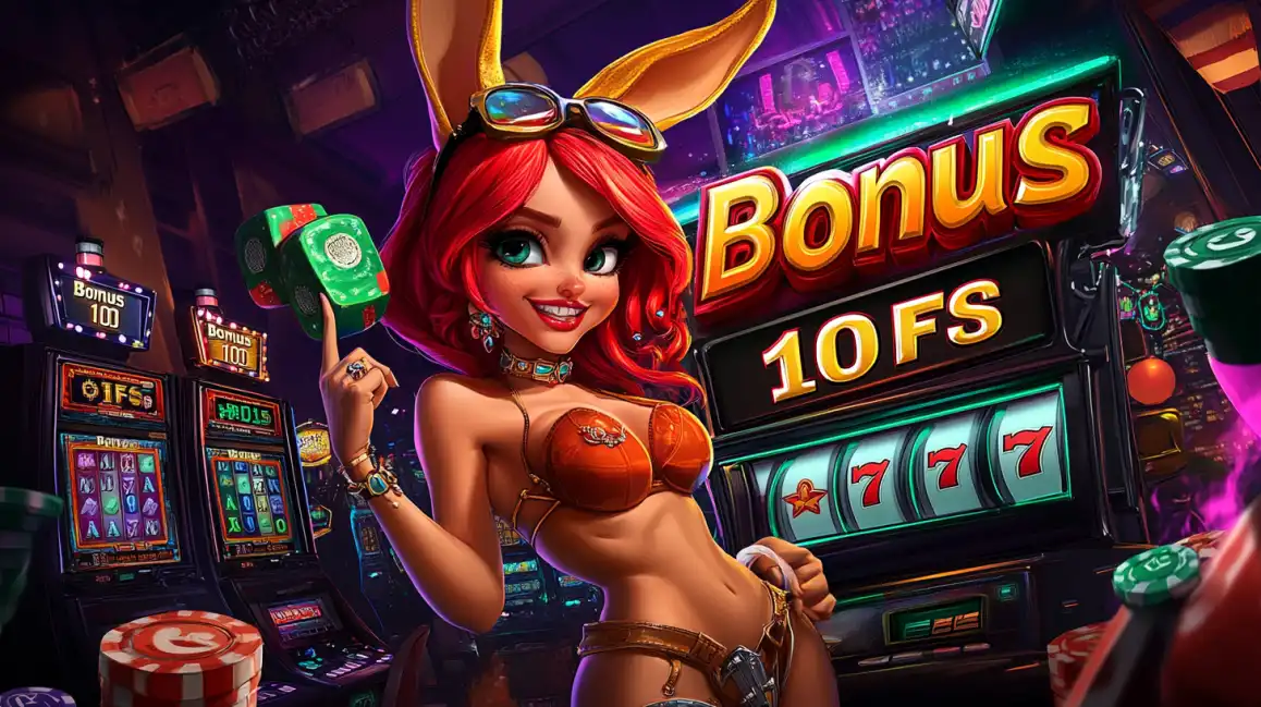 Animated casino girl character with bunny ears next to slot machines showing bonus features
