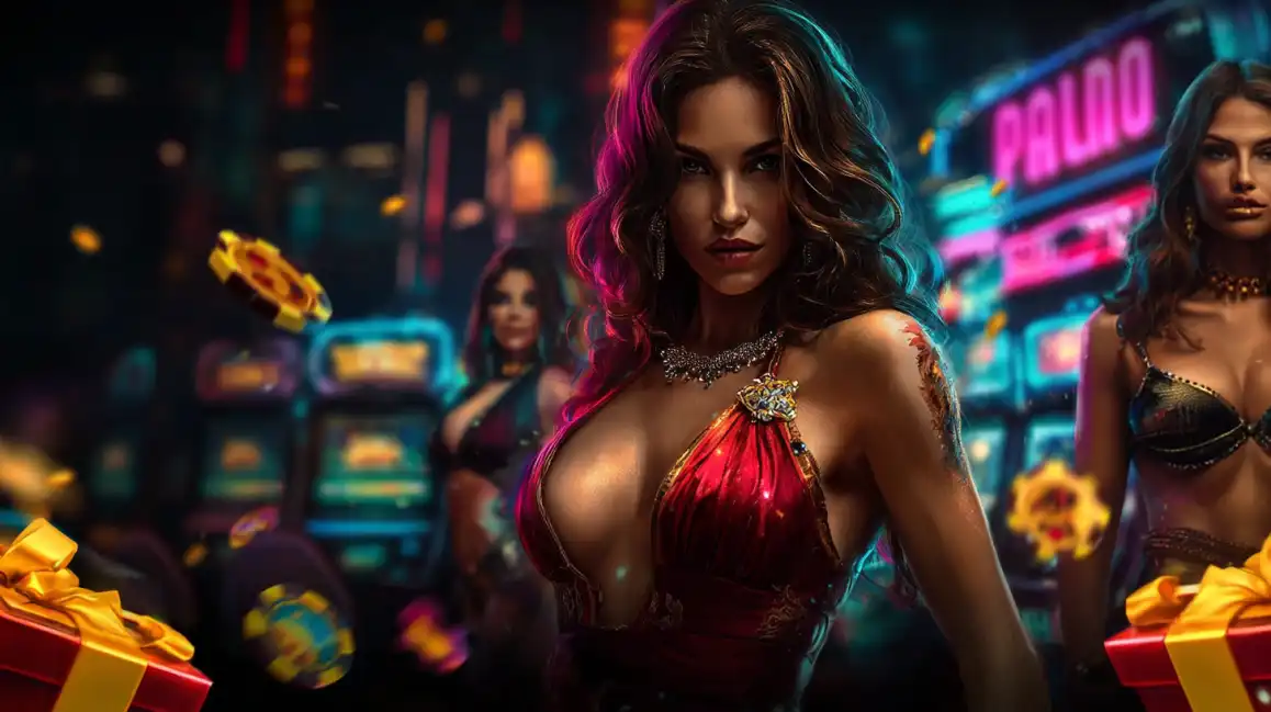 Elegant woman in red dress at casino with colorful neon background