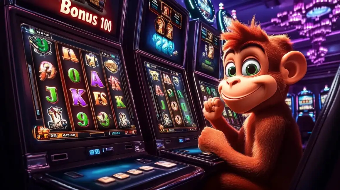 Cartoon monkey character playing slot machines in vibrant casino