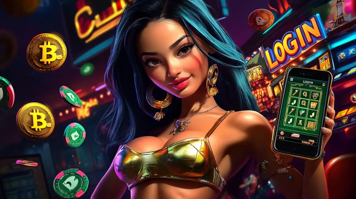 Glamorous woman with smartphone showing casino login surrounded by bitcoin and crypto symbols