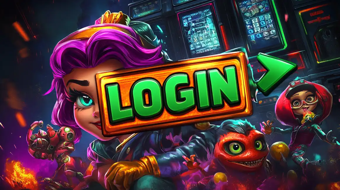 Fantasy-themed casino login screen with colorful animated characters and game elements