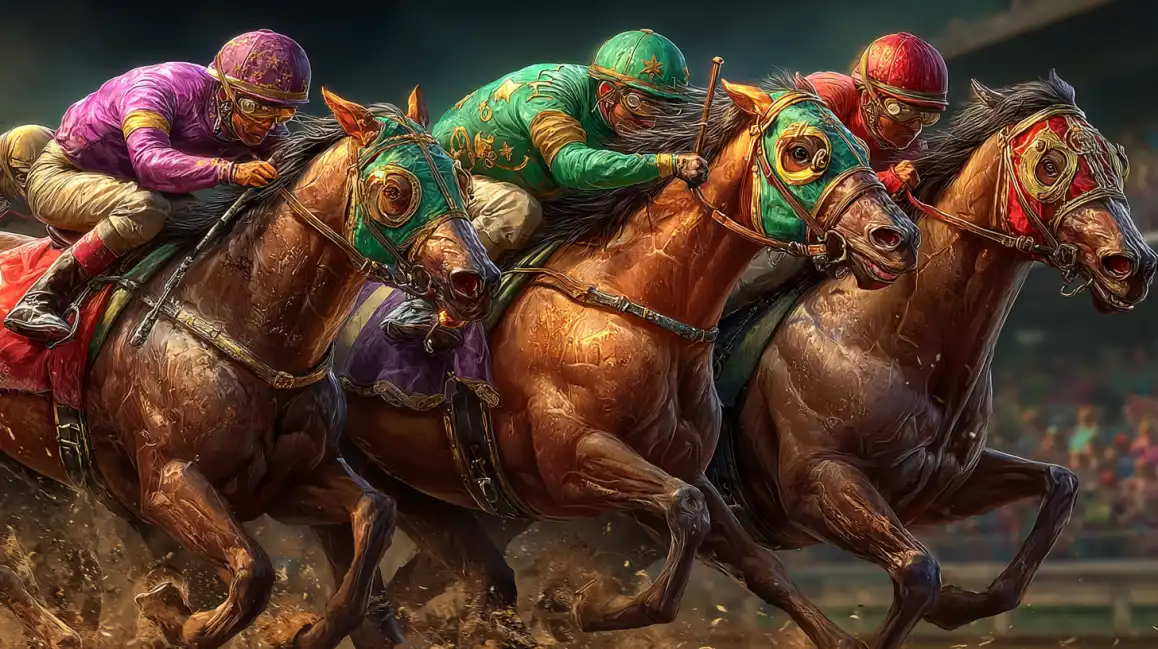 Intense horse racing scene with jockeys in colorful silks for sports betting