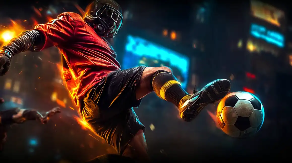 Dynamic soccer player kicking ball in fiery sports betting scene