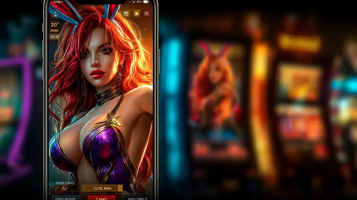 Mobile phone displaying detailed casino game character in atmospheric casino background
