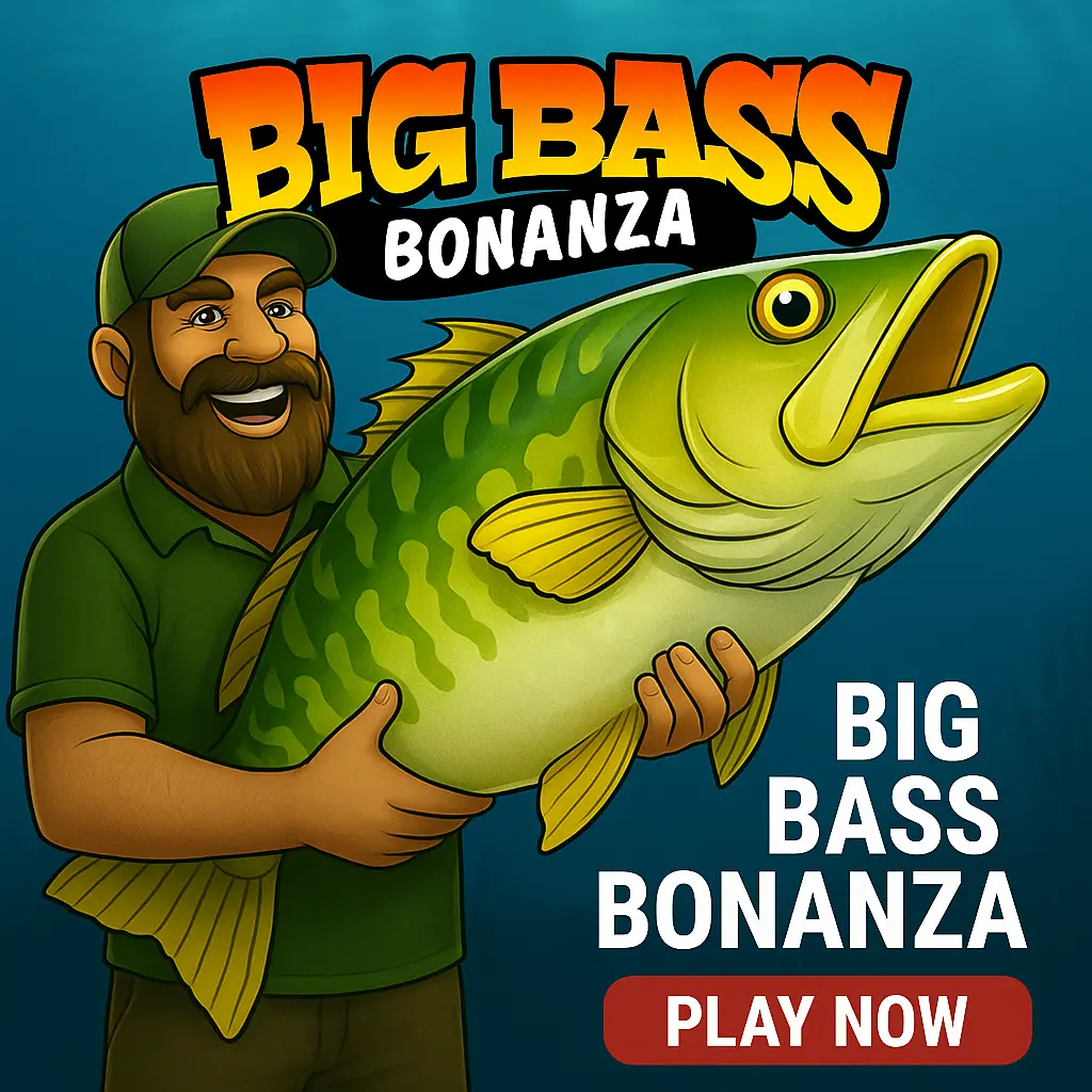 Big Bass Bonanza slot game featuring fisherman character with large bass fish